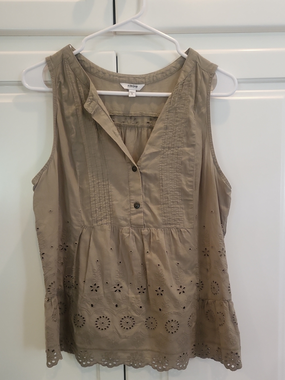 Sonoma Olive Eyelet with Pintucks Sleeveless Top
